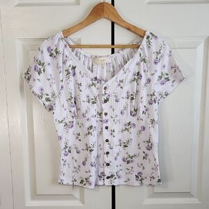 no comment Womens Lavender Purple Floral Babydoll Button Front‎ Top Size XL Y2K